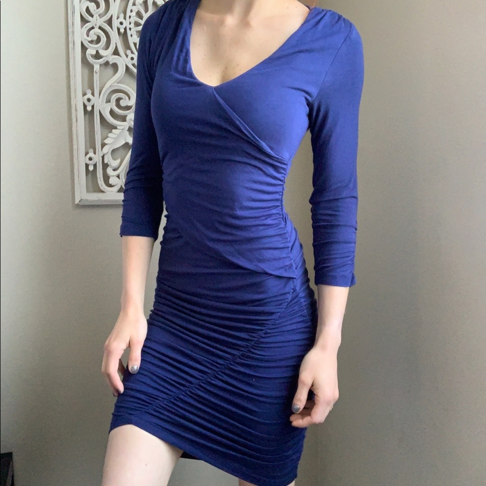 TART Ruched 3/4 Sleeve Blue Midi Dress